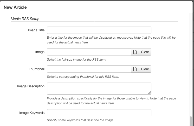RSS configuration in the New Article dialog