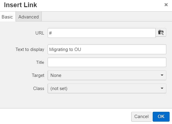 Displays advanced options; URL (required), text to display (required field), Title (optional) Target options and Class.