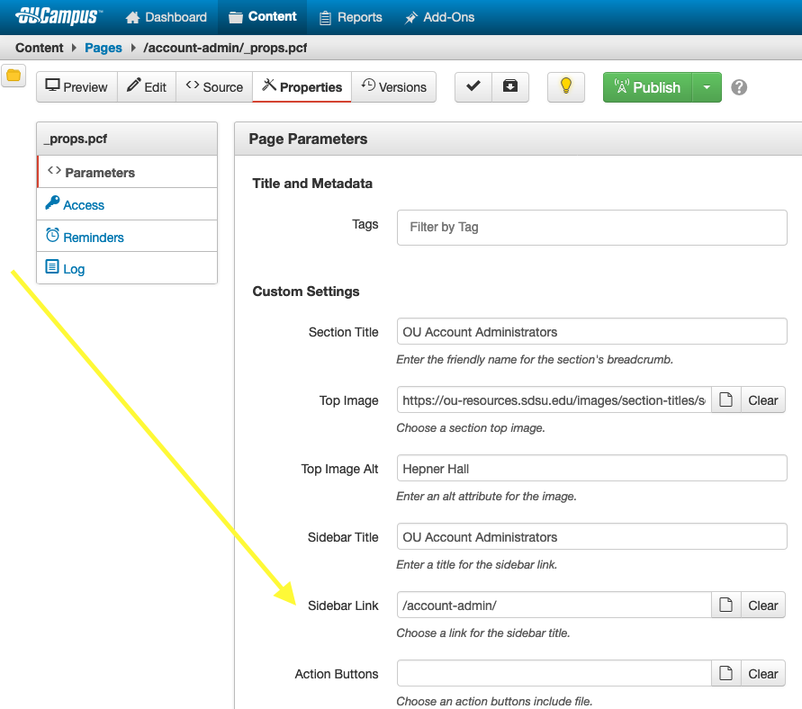 Sidebar Link field highlighted in the _props.pcf file