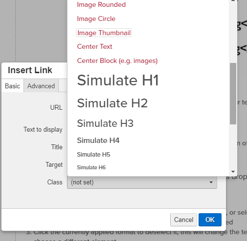 second screen of options; image rounded, image circle, image thimbnail, center text, center block images, simulate h1-h6
