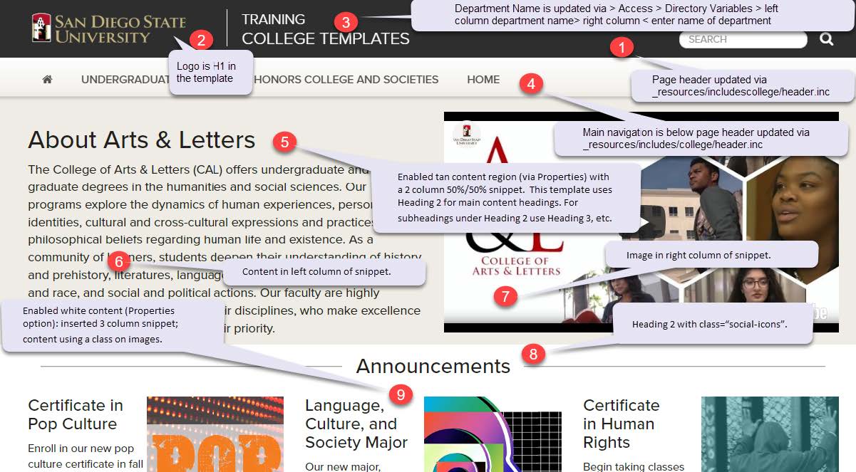 College template layout, top