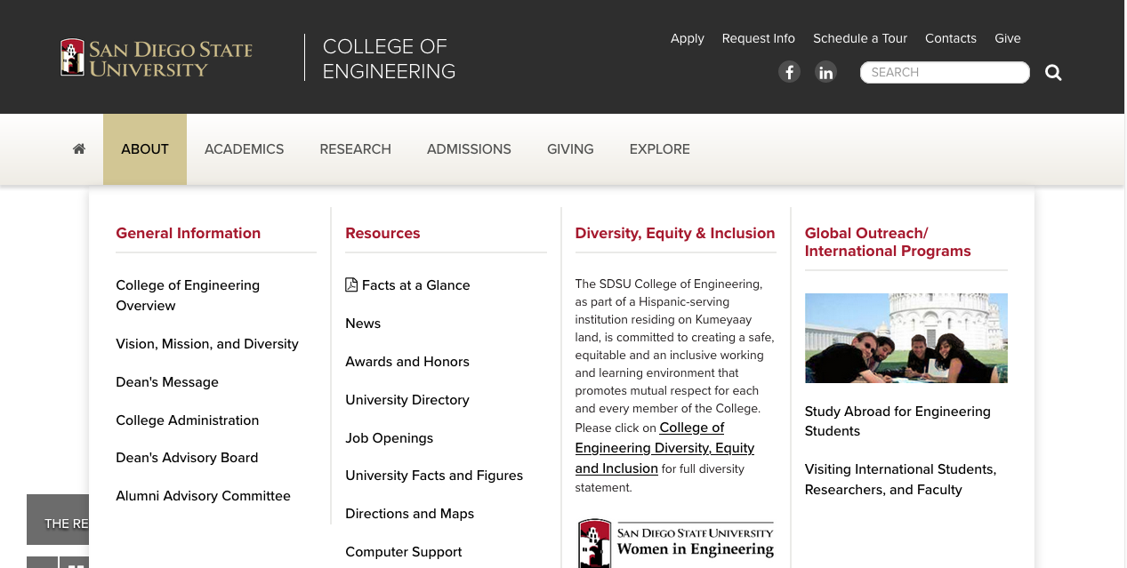 Main navigation on the College of Engineering website