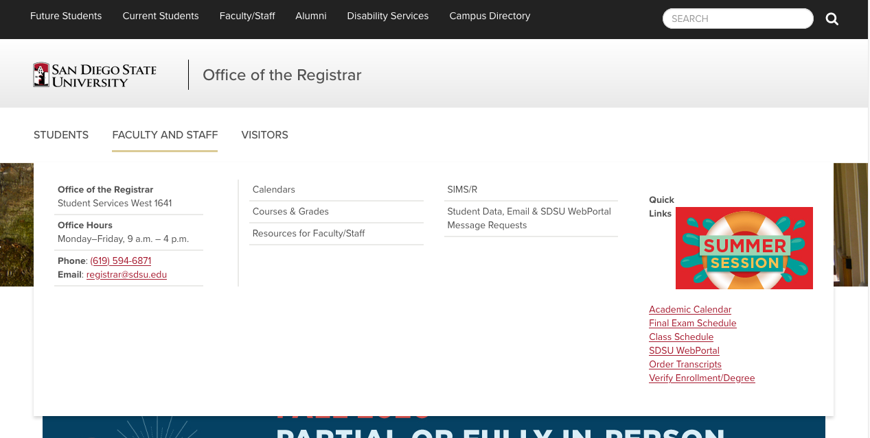 Main navigation on the Office of the Registrar website